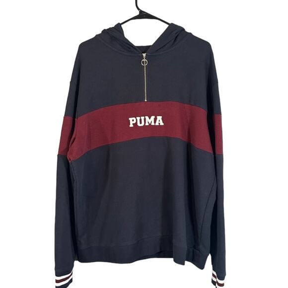 Puma Black & Maroon Two-Toned 1/4 Zip Hooded Pullover Sweatshirt Men Sz L - Picture 1 of 10
